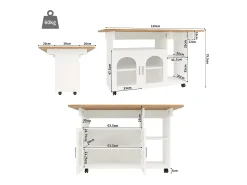 Isla de cocina moderna, tablero abatible, carrito multifunción, aparador de MDF y cristal, color blanco (120x30x79,5 cm)