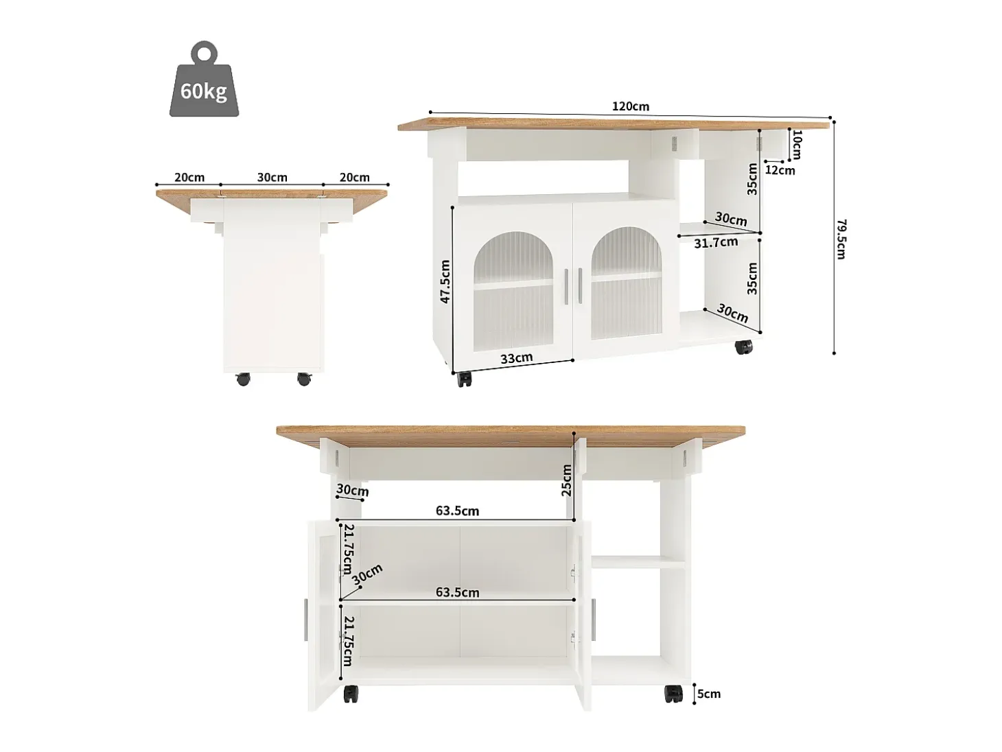 Isla de cocina moderna, tablero abatible, carrito multifunción, aparador de MDF y cristal, color blanco (120x30x79,5 cm)