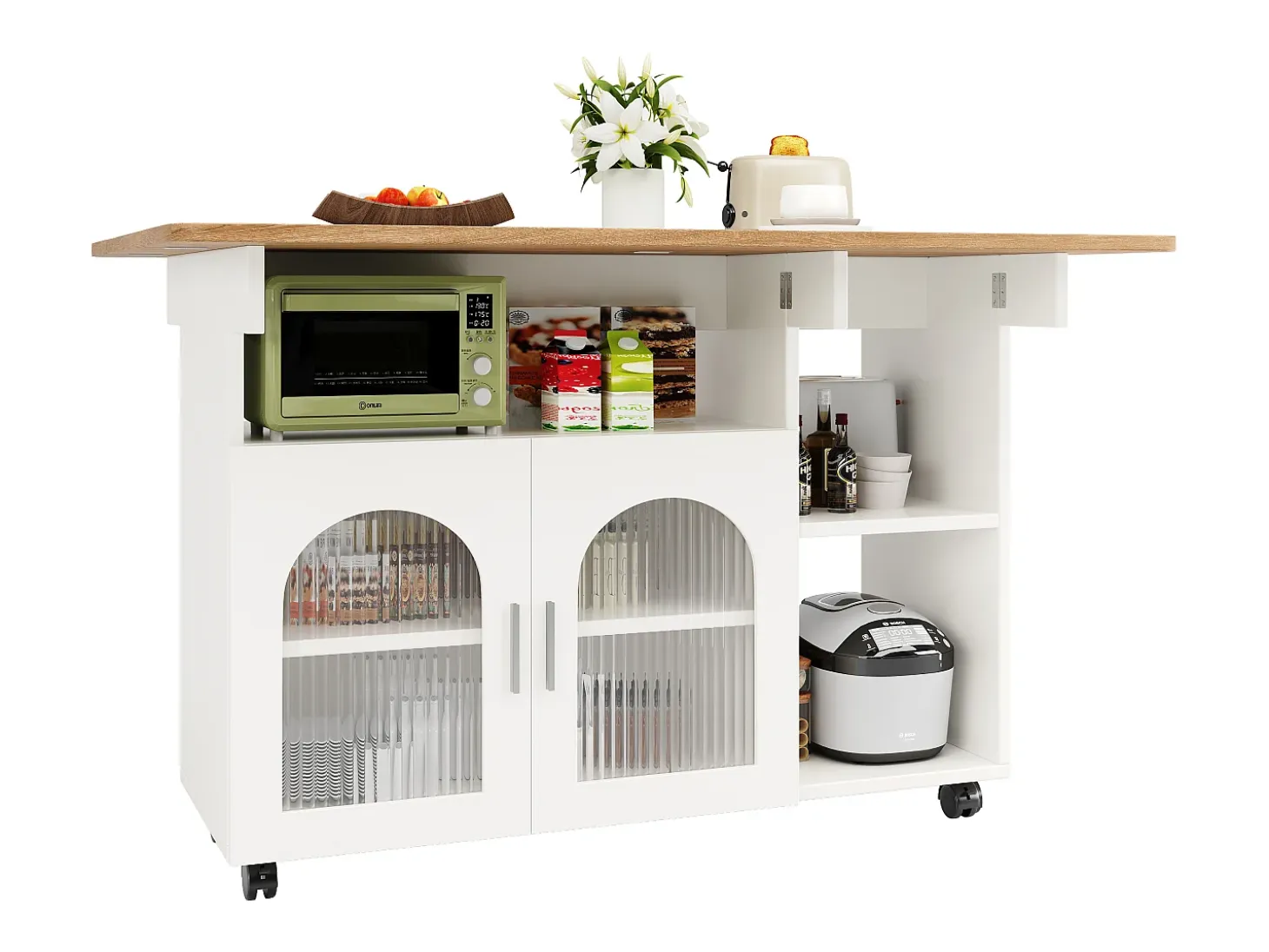 Isla de cocina moderna, tablero abatible, carrito multifunción, aparador de MDF y cristal, color blanco (120x30x79,5 cm)