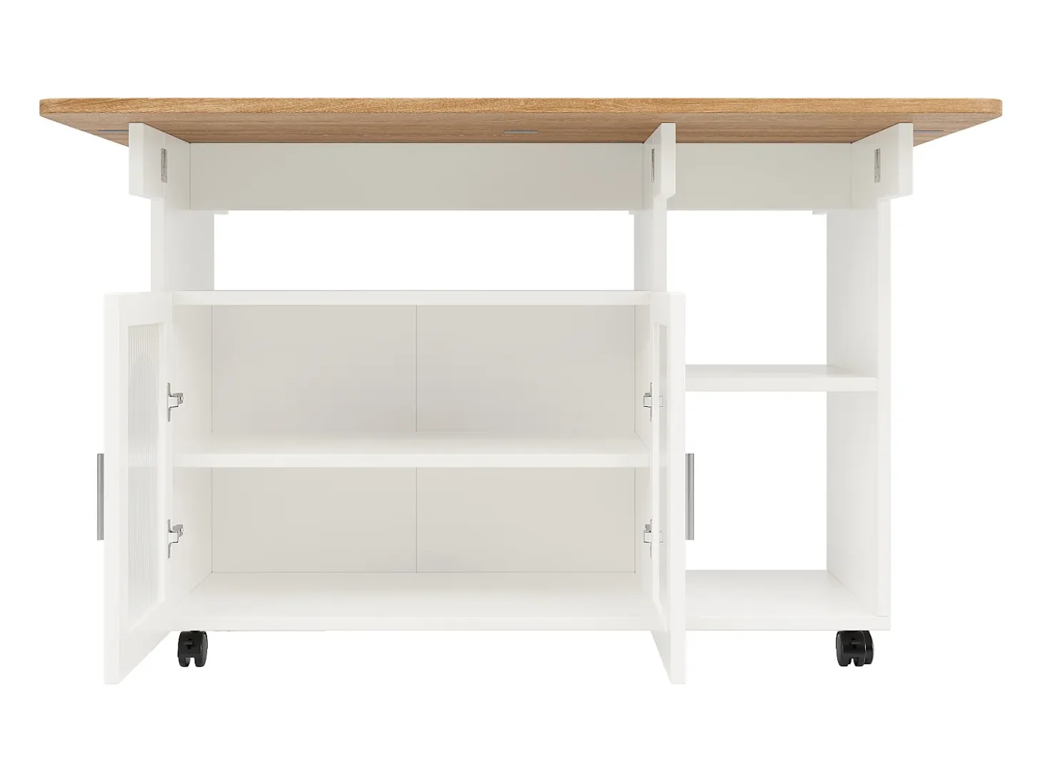 Isla de cocina moderna, tablero abatible, carrito multifunción, aparador de MDF y cristal, color blanco (120x30x79,5 cm)