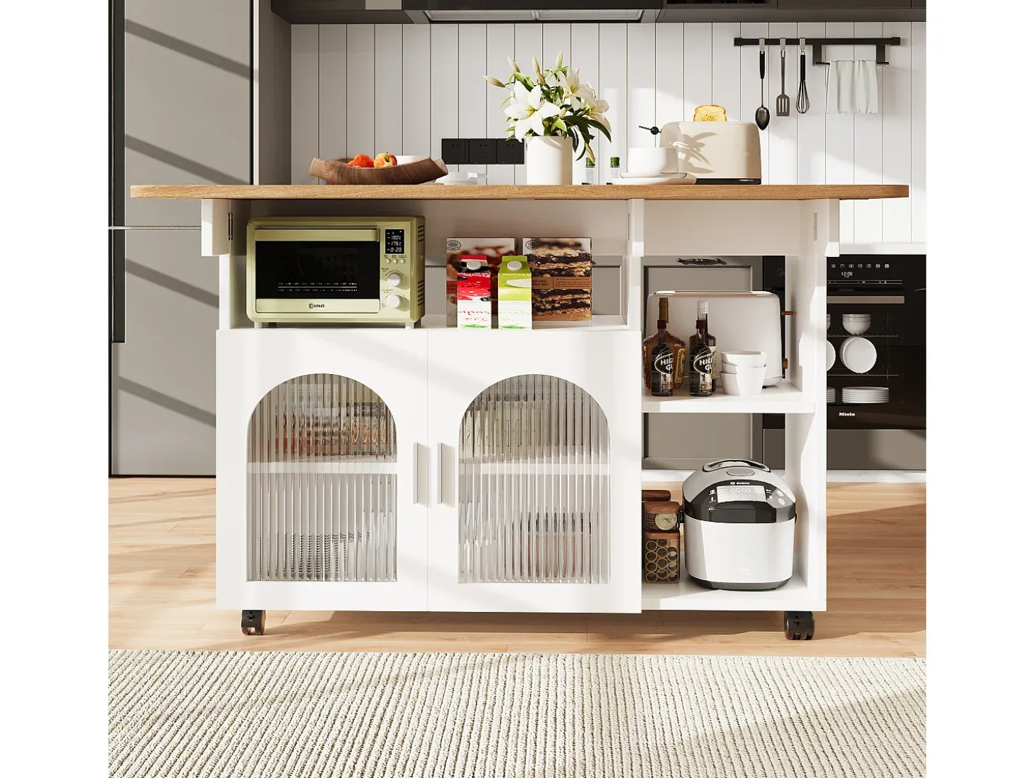 Isla de cocina moderna, tablero abatible, carrito multifunción, aparador de MDF y cristal, color blanco (120x30x79,5 cm)