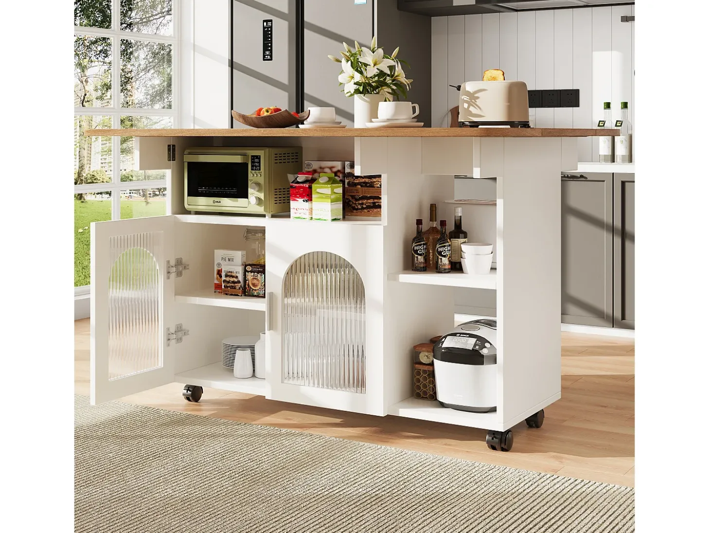 Isla de cocina moderna, tablero abatible, carrito multifunción, aparador de MDF y cristal, color blanco (120x30x79,5 cm)