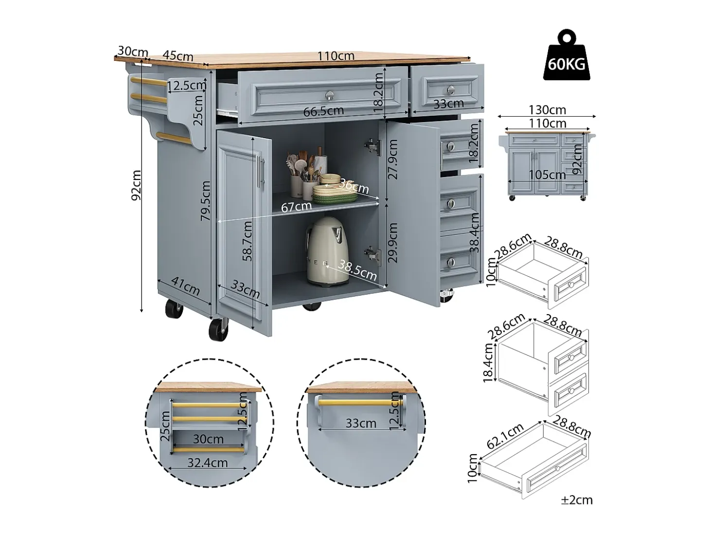 Isla de cocina multifuncional con encimera abatible, mueble servidor extraíble, aparador vintage, espacio de almacenamiento, MDF, Azul (110x45-75x92 cm)