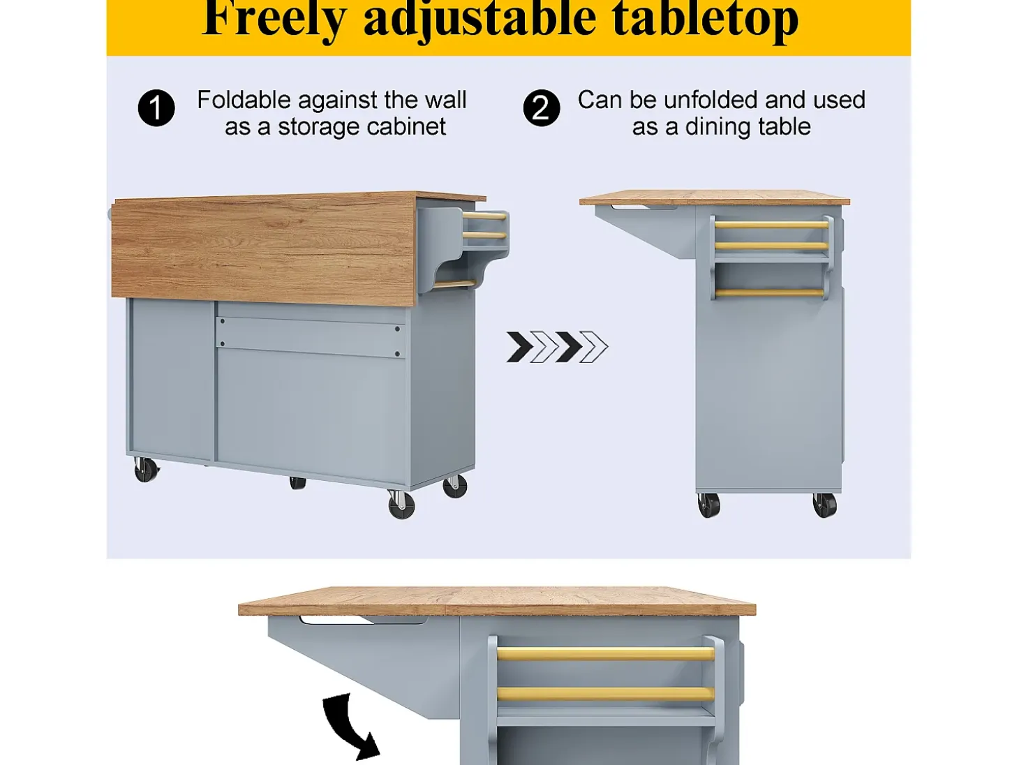 Isla de cocina multifuncional con encimera abatible, mueble servidor extraíble, aparador vintage, espacio de almacenamiento, MDF, Azul (110x45-75x92 cm)