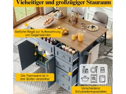Isla de cocina multifuncional con encimera abatible, mueble servidor extraíble, aparador vintage, espacio de almacenamiento, MDF, Azul (110x45-75x92 cm)