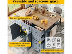 Isla de cocina multifuncional con encimera abatible, mueble servidor extraíble, aparador vintage, espacio de almacenamiento, MDF, Azul (110x45-75x92 cm)