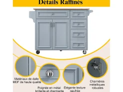 Isla de cocina multifuncional con encimera abatible, mueble servidor extraíble, aparador vintage, espacio de almacenamiento, MDF, Azul (110x45-75x92 cm)
