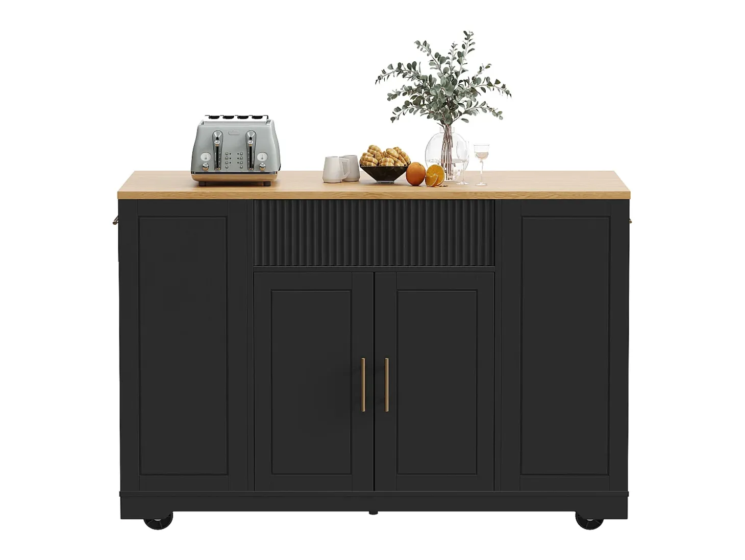 Isla de cocina móvil - 3 puertas y 2 cajones - Estantes abiertos - Con compartimento para basura - MDF - Negro