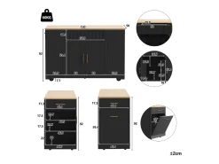Isla de cocina móvil - 3 puertas y 2 cajones - Estantes abiertos - Con compartimento para basura - MDF - Negro