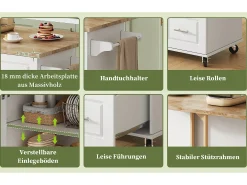 Isla de cocina móvil - 137 x 43(76) x 92 cm - encimera abatible - con 3 cajones + 2 puertas - MDF - blanco
