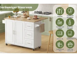 Isla de cocina móvil - 137 x 43(76) x 92 cm - encimera abatible - con 3 cajones + 2 puertas - MDF - blanco