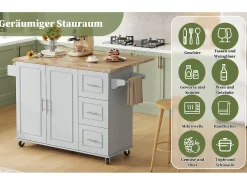 Isla de cocina móvil - 137 x 43(76) x 92 cm - encimera abatible - con 3 cajones + 2 puertas - MDF - gris
