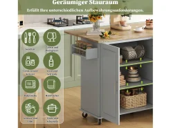 Isla de cocina móvil - 137 x 43(76) x 92 cm - encimera abatible - con 3 cajones + 2 puertas - MDF - gris