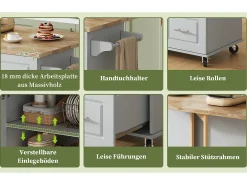 Isla de cocina móvil - 137 x 43(76) x 92 cm - encimera abatible - con 3 cajones + 2 puertas - MDF - gris