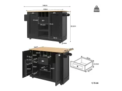 Isla de cocina móvil 140×70×93,5 cm - 1 cajón y 2 puertas - encimera extensible - con ruedas - negro