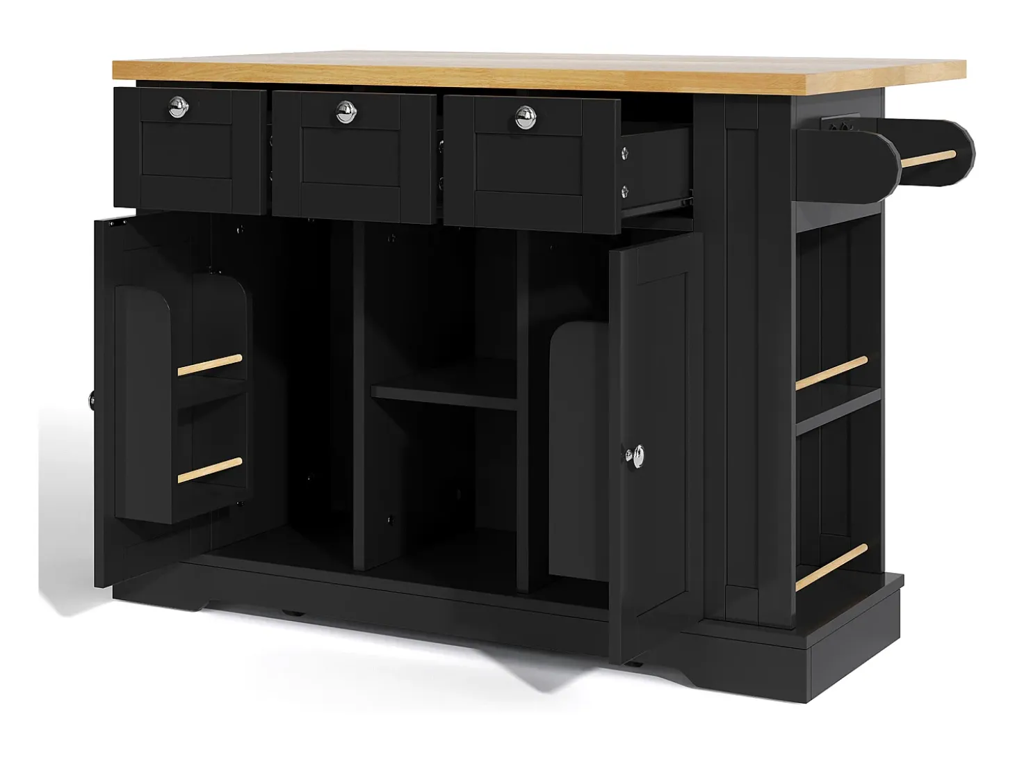Isla de cocina móvil - con USB - encimera extensible - 3 cajones y 2 puertas - con toallero - MDF - negro