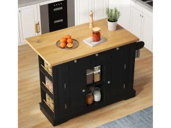 Isla de cocina móvil - con USB - encimera extensible - 3 cajones y 2 puertas - con toallero - MDF - negro