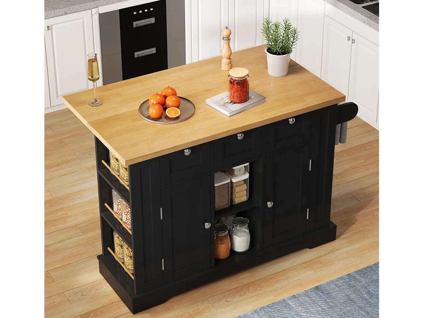 Isla de cocina móvil - con USB - encimera extensible - 3 cajones y 2 puertas - con toallero - MDF - negro