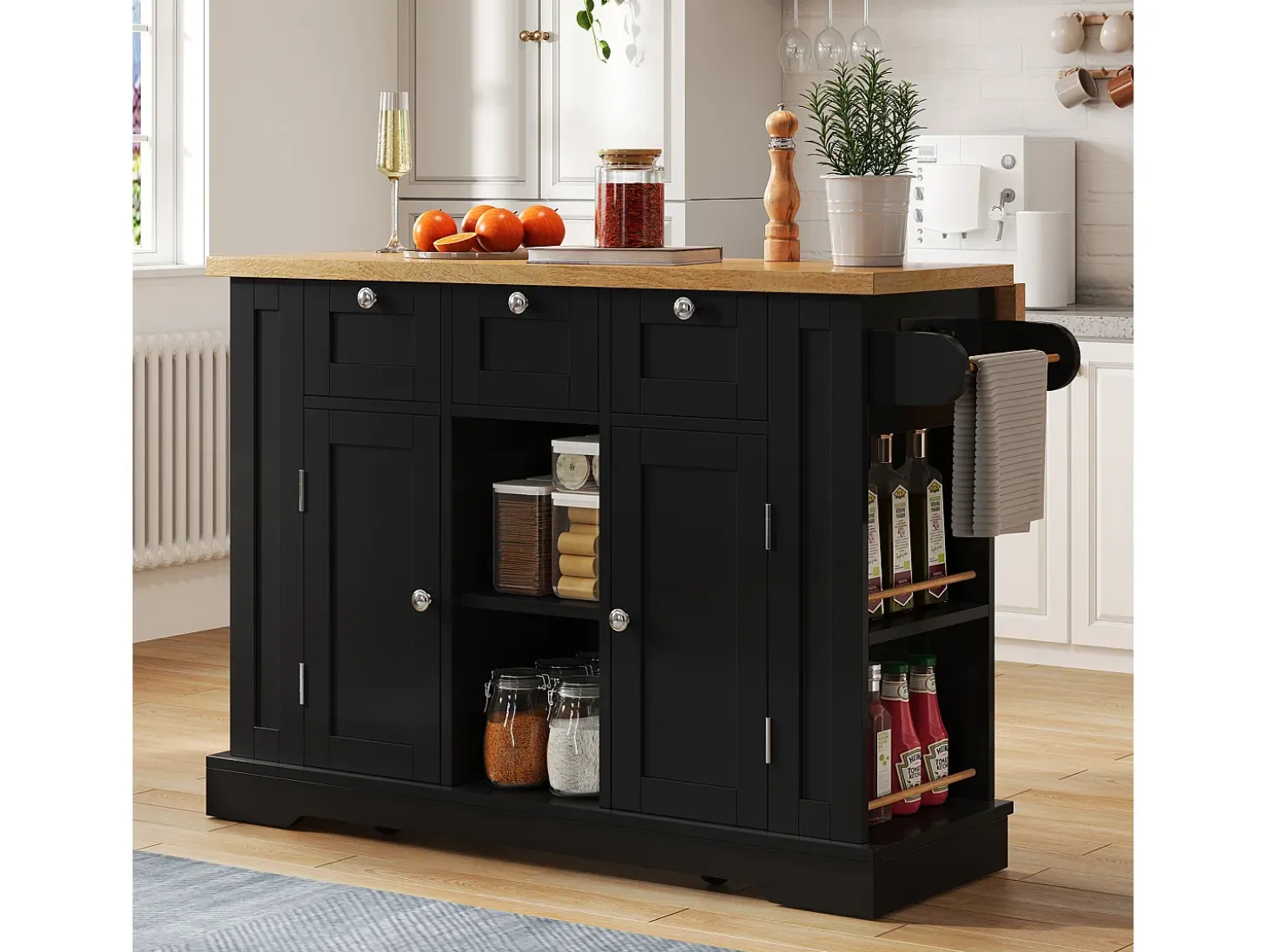 Isla de cocina móvil - con USB - encimera extensible - 3 cajones y 2 puertas - con toallero - MDF - negro