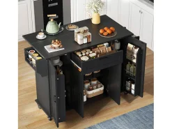 Isla de cocina móvil - encimera extensible - con toallero - con 1 cajón y 4 puertas - MDF - Negro