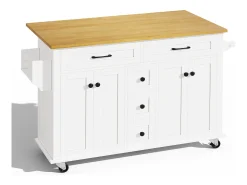 Isla de cocina móvil - encimera extensible - 5 cajones y 4 puertas - con toallero - MDF - blanco
