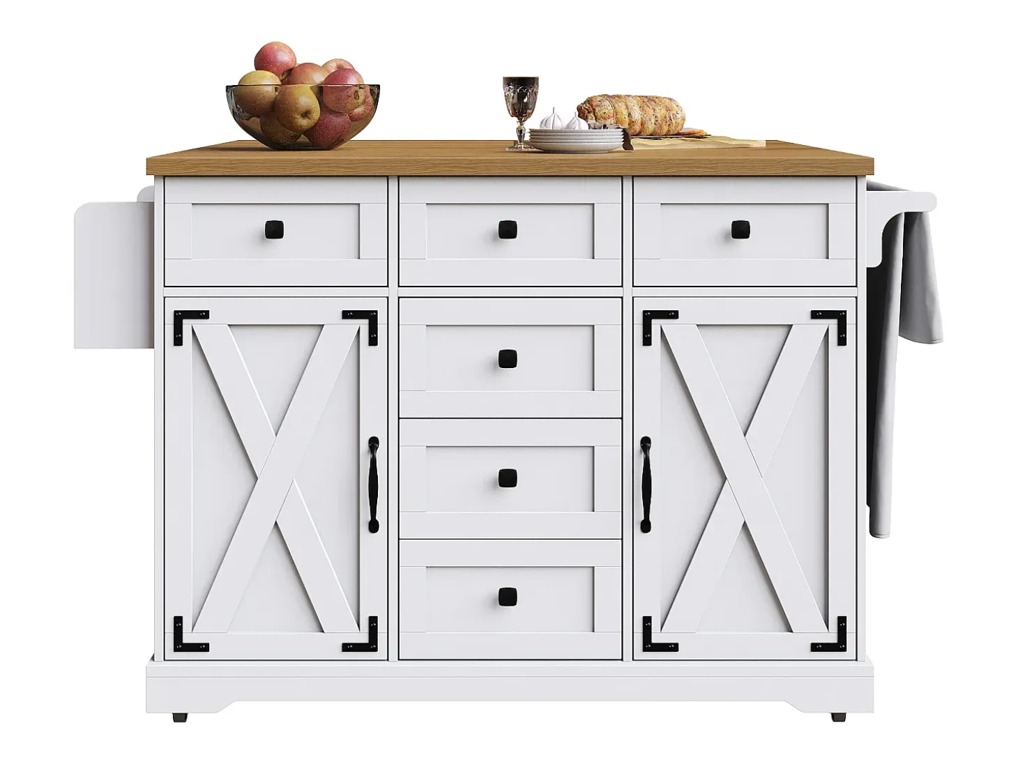 Isla de cocina móvil - Encimera extensible - 2 puertas y 5 cajones - Estantes abiertos - Con toallero - MDF - Blanco