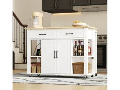 Isla de cocina móvil - encimera extensible - con USB y toallero - con 2 cajones y 2 puertas - MDF - Blanco