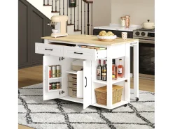 Isla de cocina móvil - encimera extensible - con USB y toallero - con 2 cajones y 2 puertas - MDF - Blanco