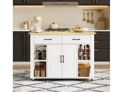 Isla de cocina móvil - encimera extensible - con USB y toallero - con 2 cajones y 2 puertas - MDF - Blanco