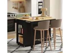 Isla de cocina móvil - encimera extensible - con USB y toallero - con 2 cajones y 2 puertas - MDF - Negro