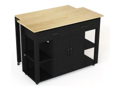 Isla de cocina móvil - encimera extensible - con USB y toallero - con 2 cajones y 2 puertas - MDF - Negro