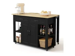 Isla de cocina móvil - encimera extensible - con USB y toallero - con 2 cajones y 2 puertas - MDF - Negro