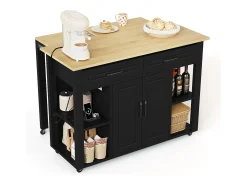 Isla de cocina móvil - encimera extensible - con USB y toallero - con 2 cajones y 2 puertas - MDF - Negro