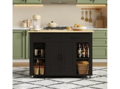 Isla de cocina móvil - encimera extensible - con USB y toallero - con 2 cajones y 2 puertas - MDF - Negro