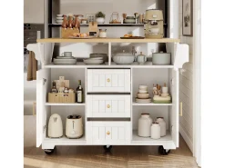 Isla de cocina móvil - Encimeras extensibles - 2 puertas y 3 cajones - Estantes abiertos - Con toallero - MDF - ​​Blanco​