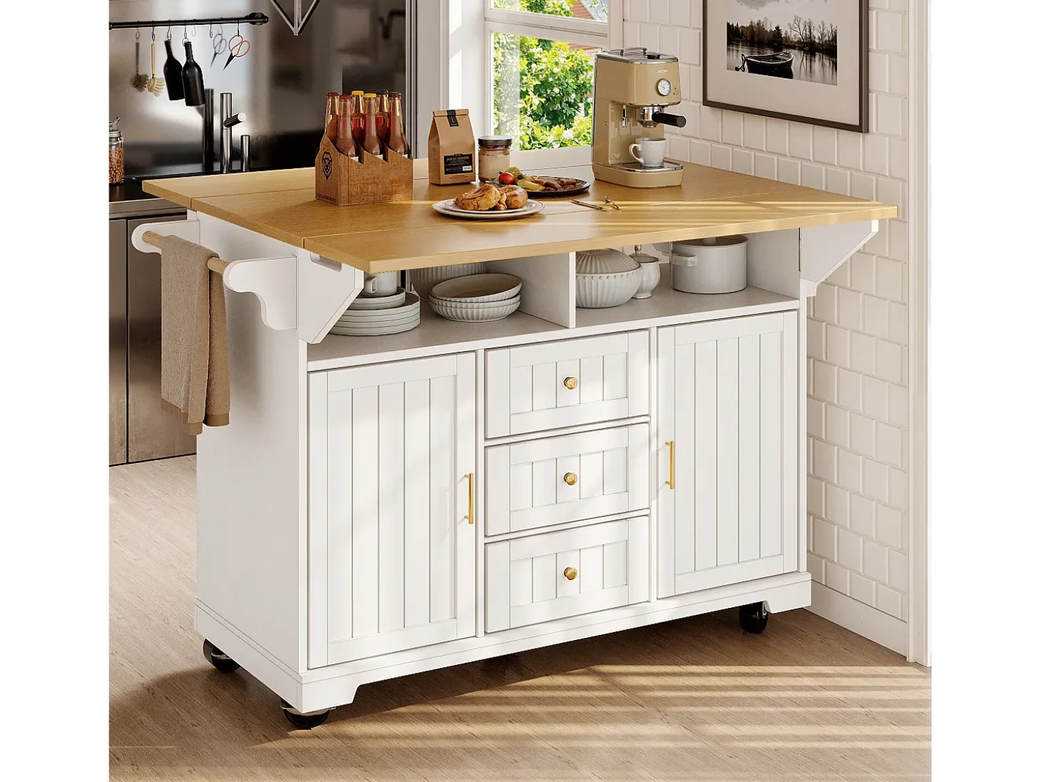 Isla de cocina móvil - Encimeras extensibles - 2 puertas y 3 cajones - Estantes abiertos - Con toallero - MDF - Blanco