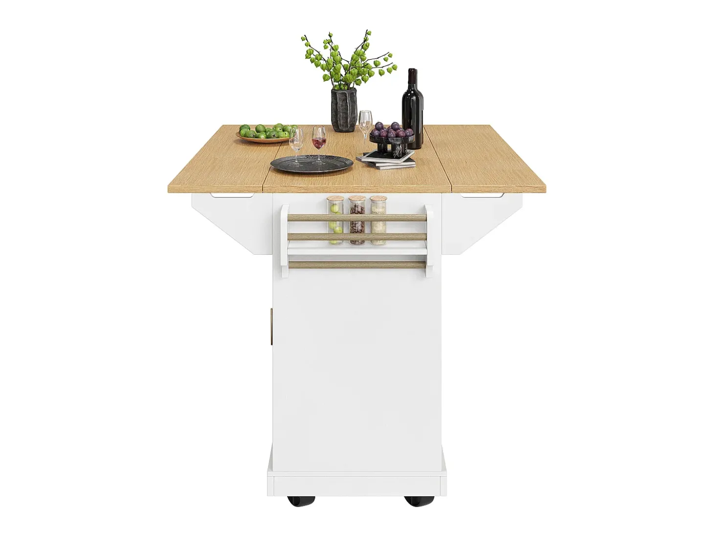 Isla de cocina móvil - Encimeras extensibles - 2 puertas y 3 cajones - Estantes abiertos - Con toallero - MDF - Blanco