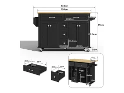 Isla de cocina móvil - encimera extensible - 5 cajones y 4 puertas - con toallero - MDF - negro