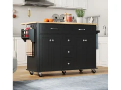 Isla de cocina móvil - encimera extensible - 5 cajones y 4 puertas - con toallero - MDF - negro