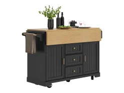 Isla de cocina móvil - ​​Encimeras extensibles​​ - 2 puertas y 3 cajones - Estantes abiertos - ​​Con toallero​​ - MDF - Negro
