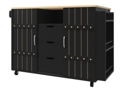 Isla de cocina móvil - Isla de cocina negra con puerta corredera y ruedas - encimera abatible - 3 cajones