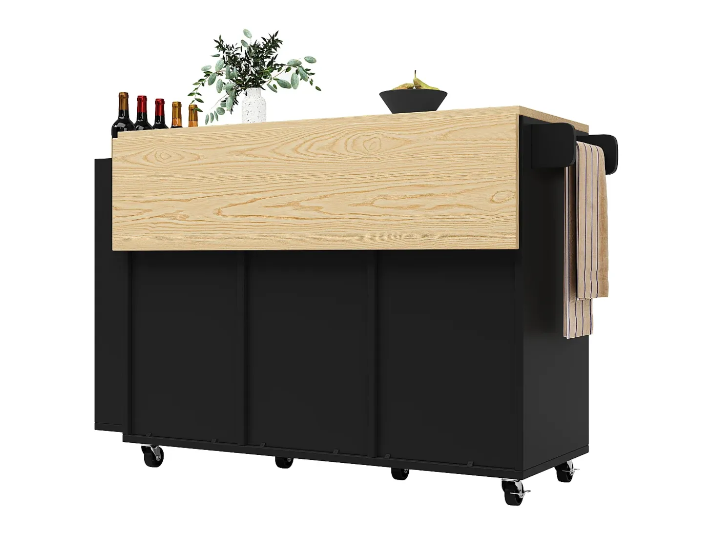 Isla de cocina móvil - Isla de cocina negra con puerta corredera y ruedas - encimera abatible - 3 cajones