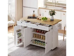 Isla de cocina móvil - tablero extensible - con ruedas bloqueables - con 2 cajones y 3 puertas - MDF - Blanco
