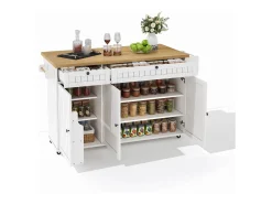 Isla de cocina móvil - tablero extensible - con ruedas bloqueables - con 2 cajones y 3 puertas - MDF - Blanco