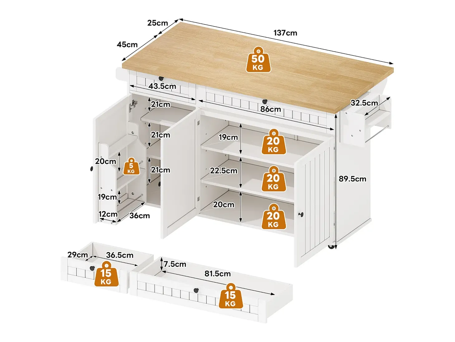 Isla de cocina móvil - tablero extensible - con ruedas bloqueables - con 2 cajones y 3 puertas - MDF - Blanco