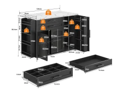 Isla de cocina móvil central - mesa de comedor plegable - con espacio de almacenamiento y estante para especias - con ruedas - Negro