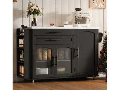 Isla de cocina móvil central - mesa de comedor plegable - con espacio de almacenamiento y estante para especias - con ruedas - Negro