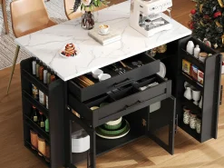 Isla de cocina móvil central - mesa de comedor plegable - con espacio de almacenamiento y estante para especias - con ruedas - Negro