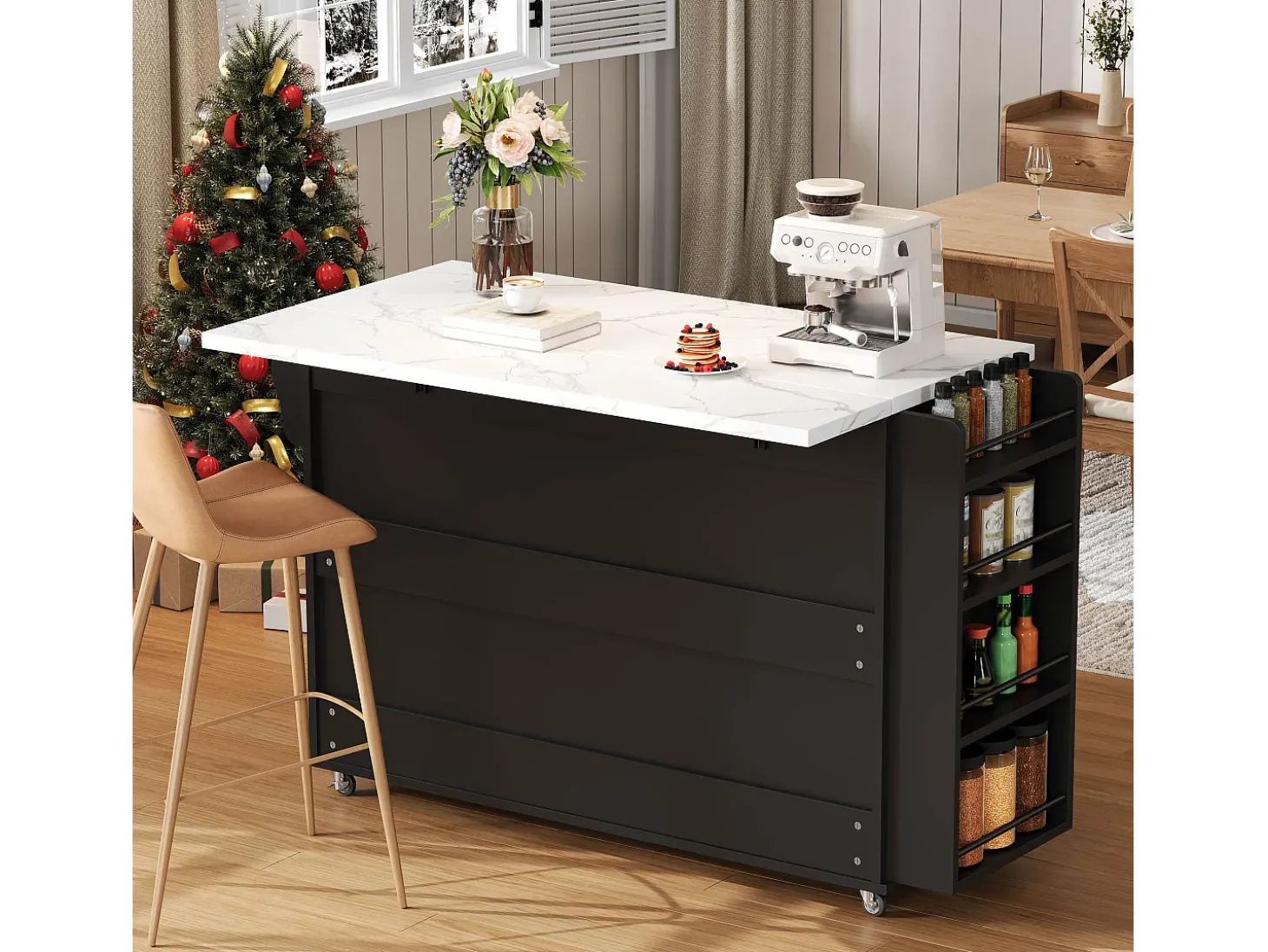 Isla de cocina móvil central - mesa de comedor plegable - con espacio de almacenamiento y estante para especias - con ruedas - Negro