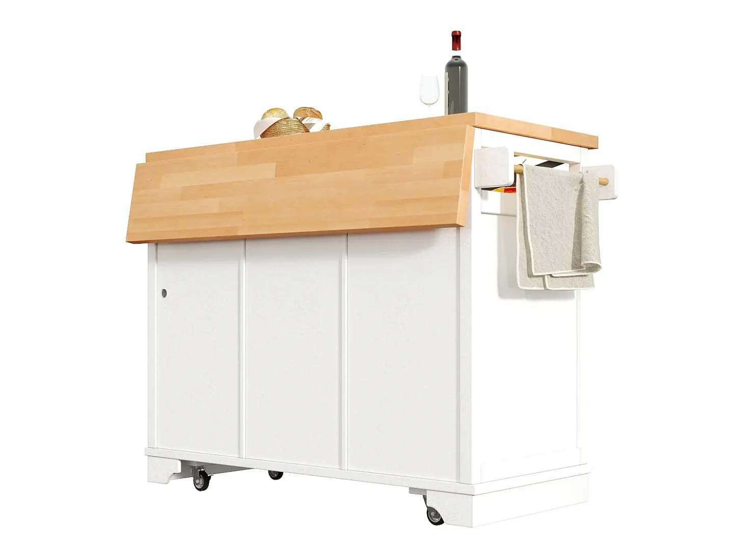 Isla de cocina móvil central - Tablero extensible - 120x71x98cm - con LED - 2 puertas y 3 cajones - estantes abiertos - Blanco